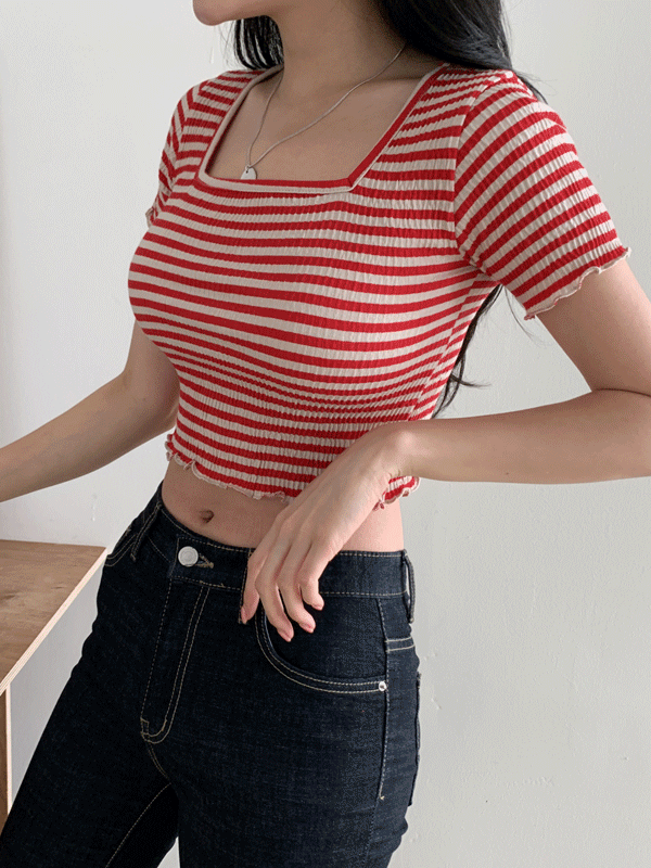 T7293K17-르니비 스퀘어 물결 단가라 크롭 티셔츠