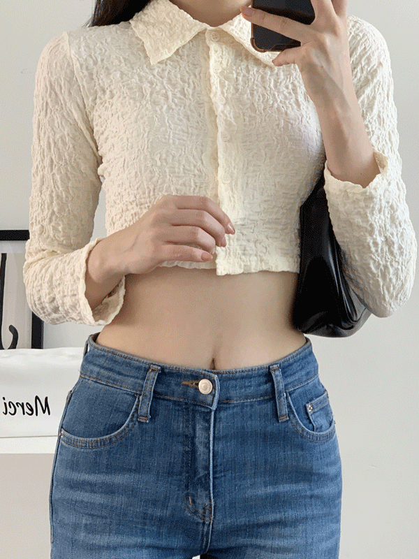 CD1625K18-글레터 크롭 링클 카라 가디건