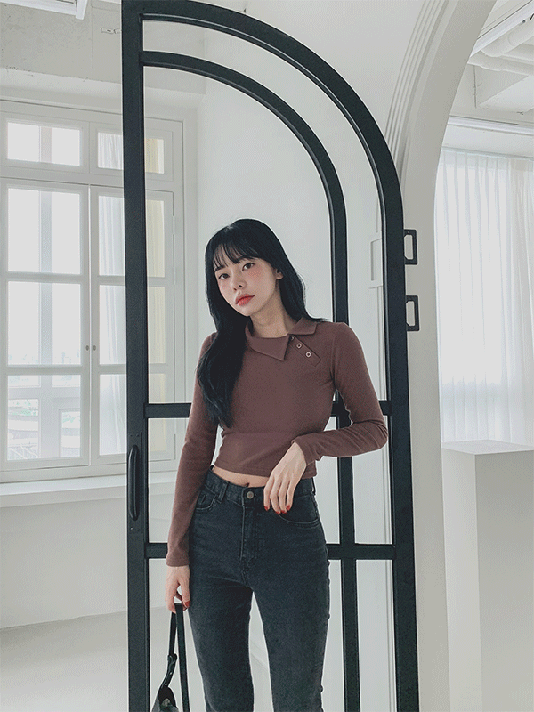 T7664K18-제베트 사선 카라 버튼 긴팔 티셔츠