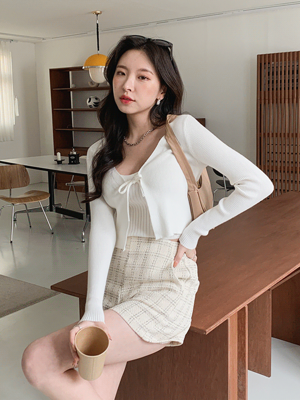 SET1959K23-르아즈 나시 가디건 골지 크롭 세트