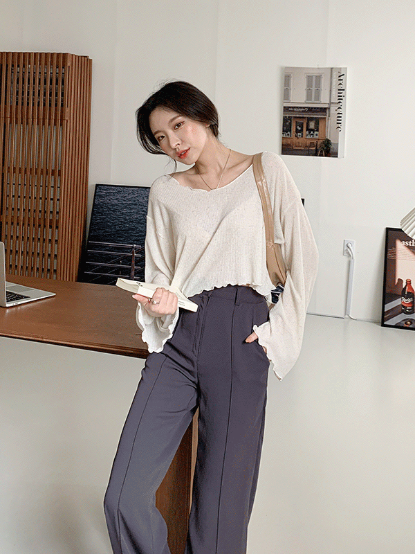 T9347K23-베니크 물결 크롭 루즈 긴팔 티셔츠