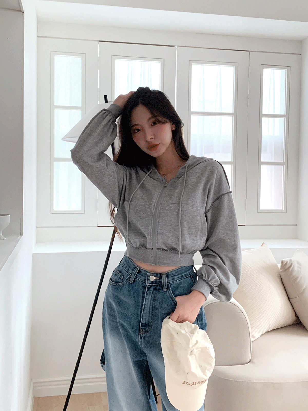 JK4186K27-스크롭 오버로크 크롭 후드 집업