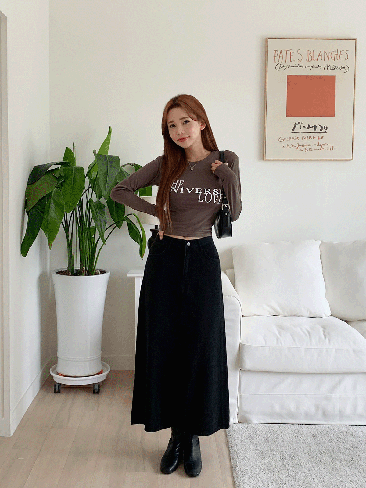 SK4784K28-헐데번 뒷트임 흑청 롱 스커트