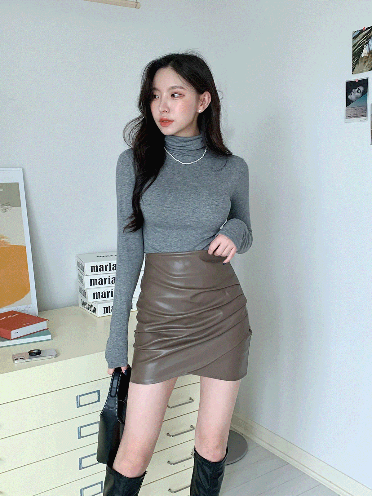 T10464K28-치터샤 베이직 골지 목폴라 티셔츠