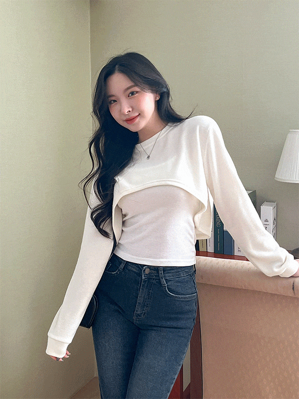 SET2332K2A-카히티 기모 언발 라운드넥 크롭 티셔츠 베이직 나시 세트
