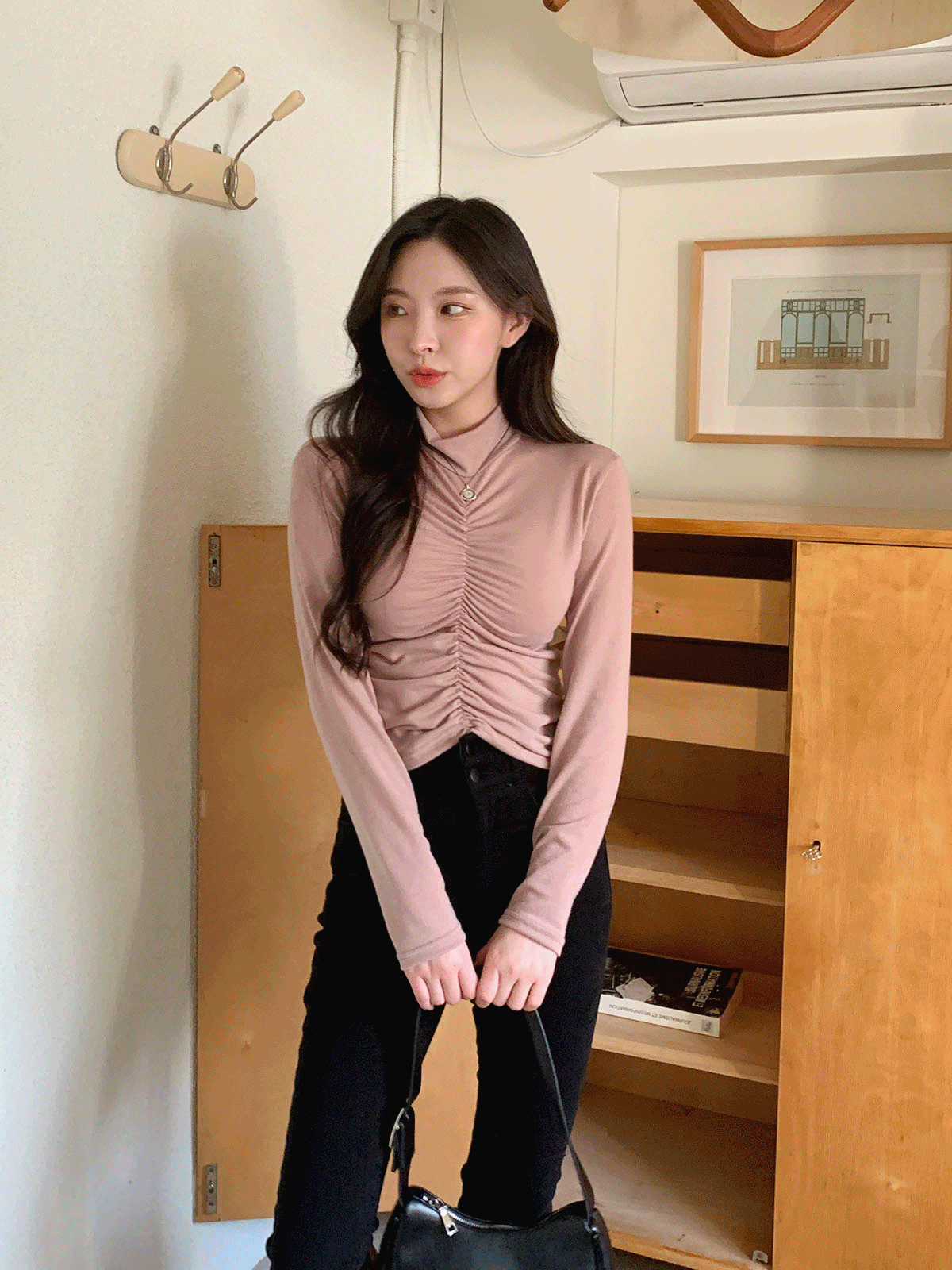 T10821K29-던제벌 시스루 셔링 슬림 폴라 긴팔 티셔츠