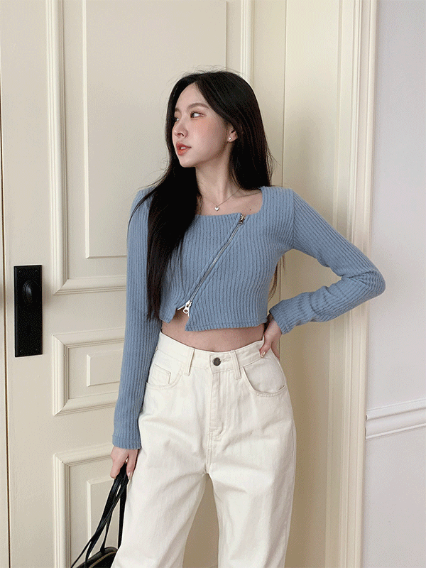 JK4672K2C-쿠나이 스퀘어넥 투웨이 사선 슬림핏 골지 집업 크롭티셔츠