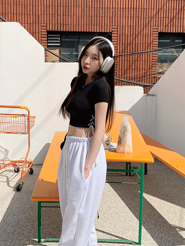 T12344K33-바이울 아일렛 무지 라운드넥 크롭 반팔 티셔츠