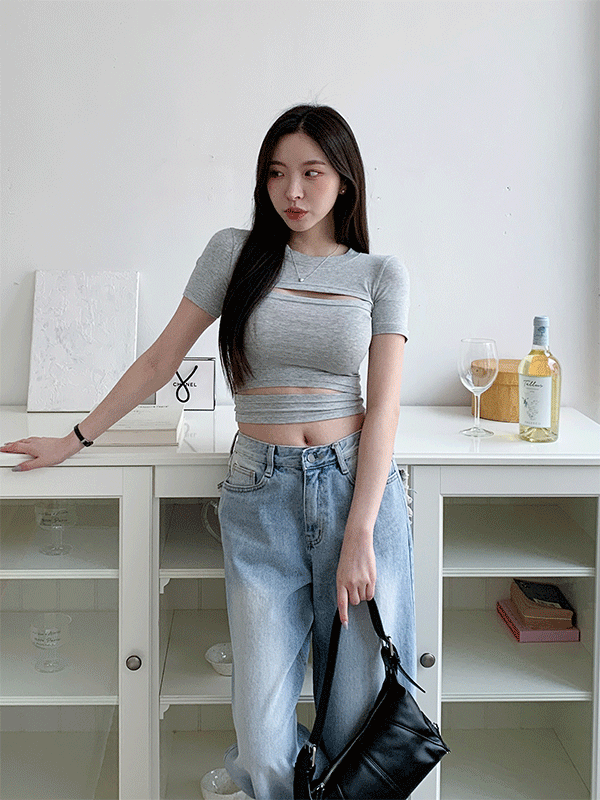 T12471K34-홀리테 무지 트임 라운드넥 반팔 티셔츠