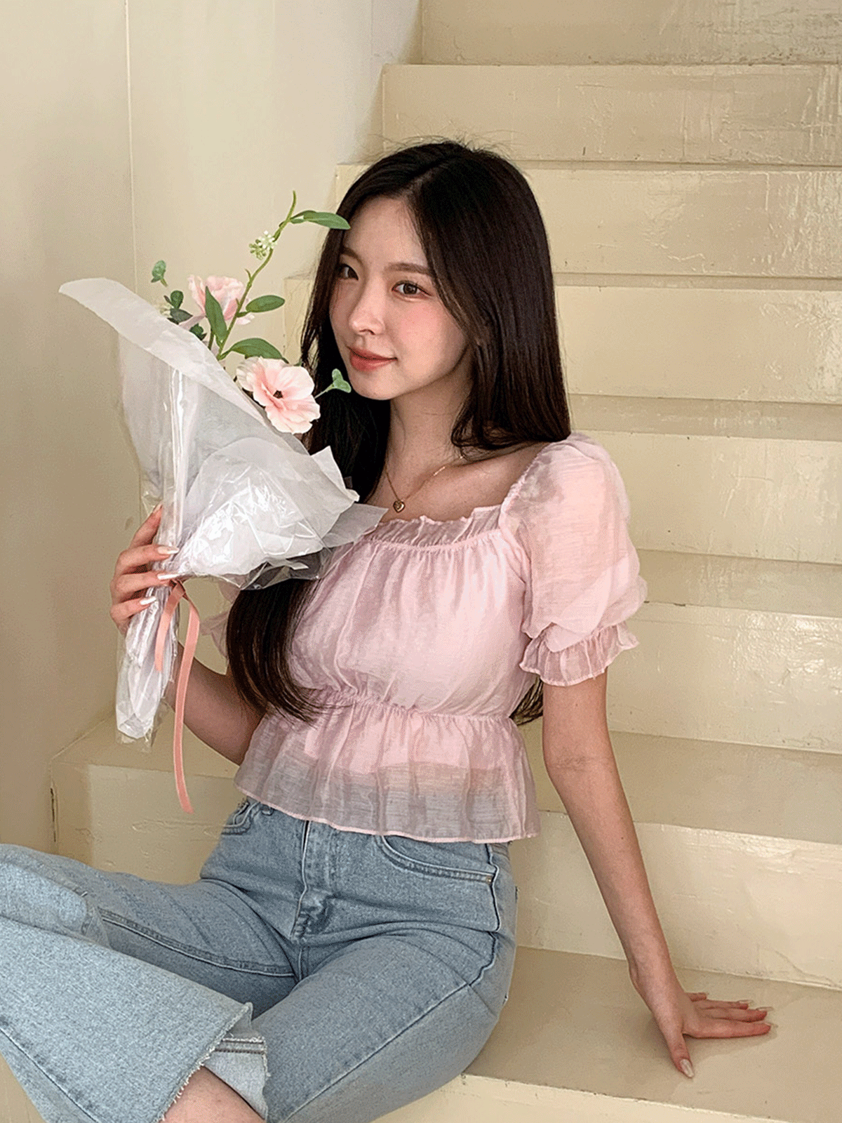 BL5208K35-보바우 스퀘어넥 셔링 시스루 블라우스