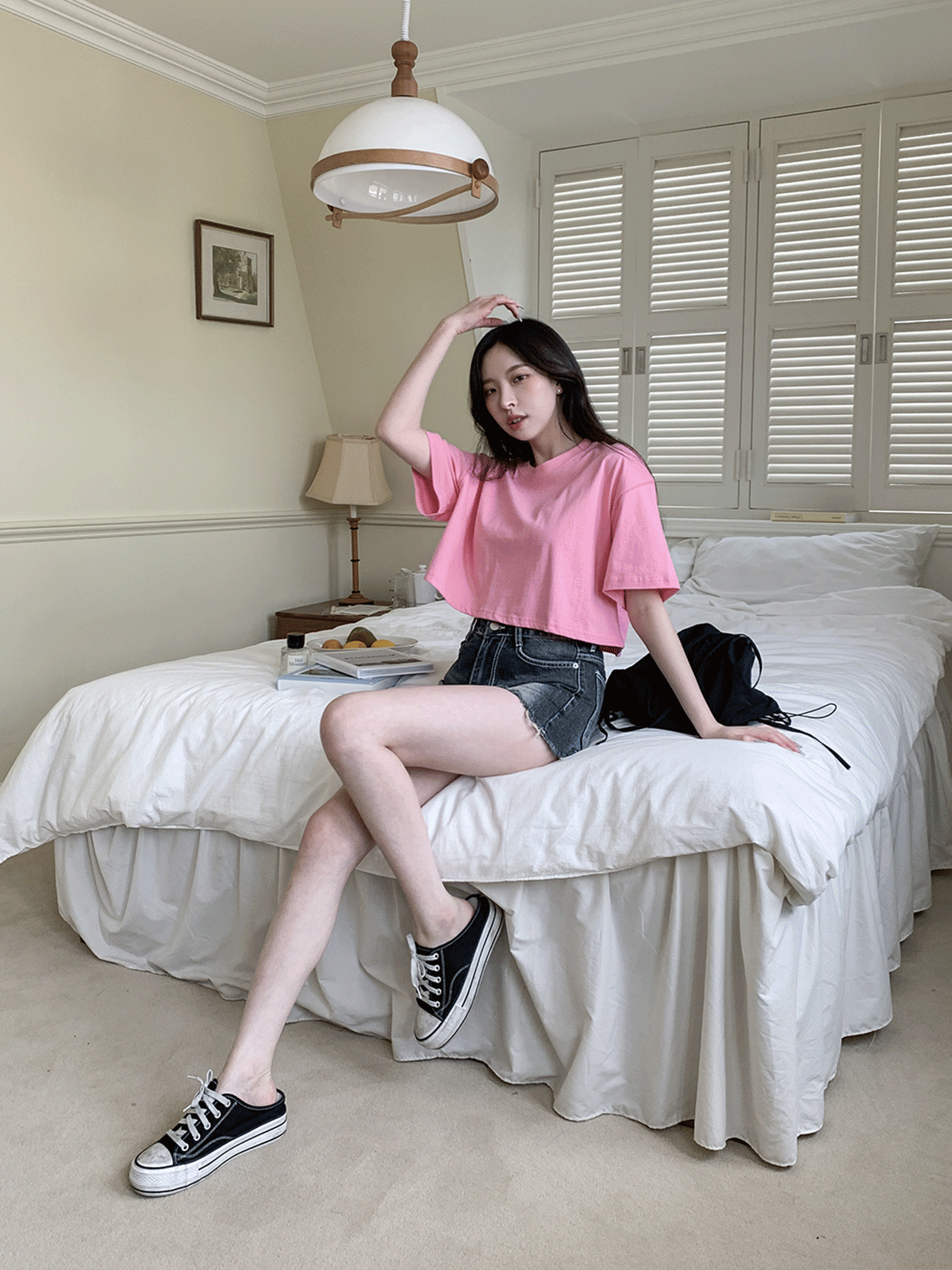 T12619K34- 다밀린 라운드넥 무지 베이직 크롭 반팔 티셔츠