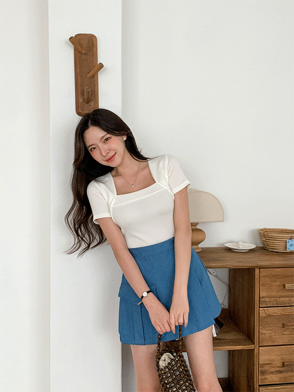 T12642K34-로미고 스퀘어넥 골지 크롭 반팔티