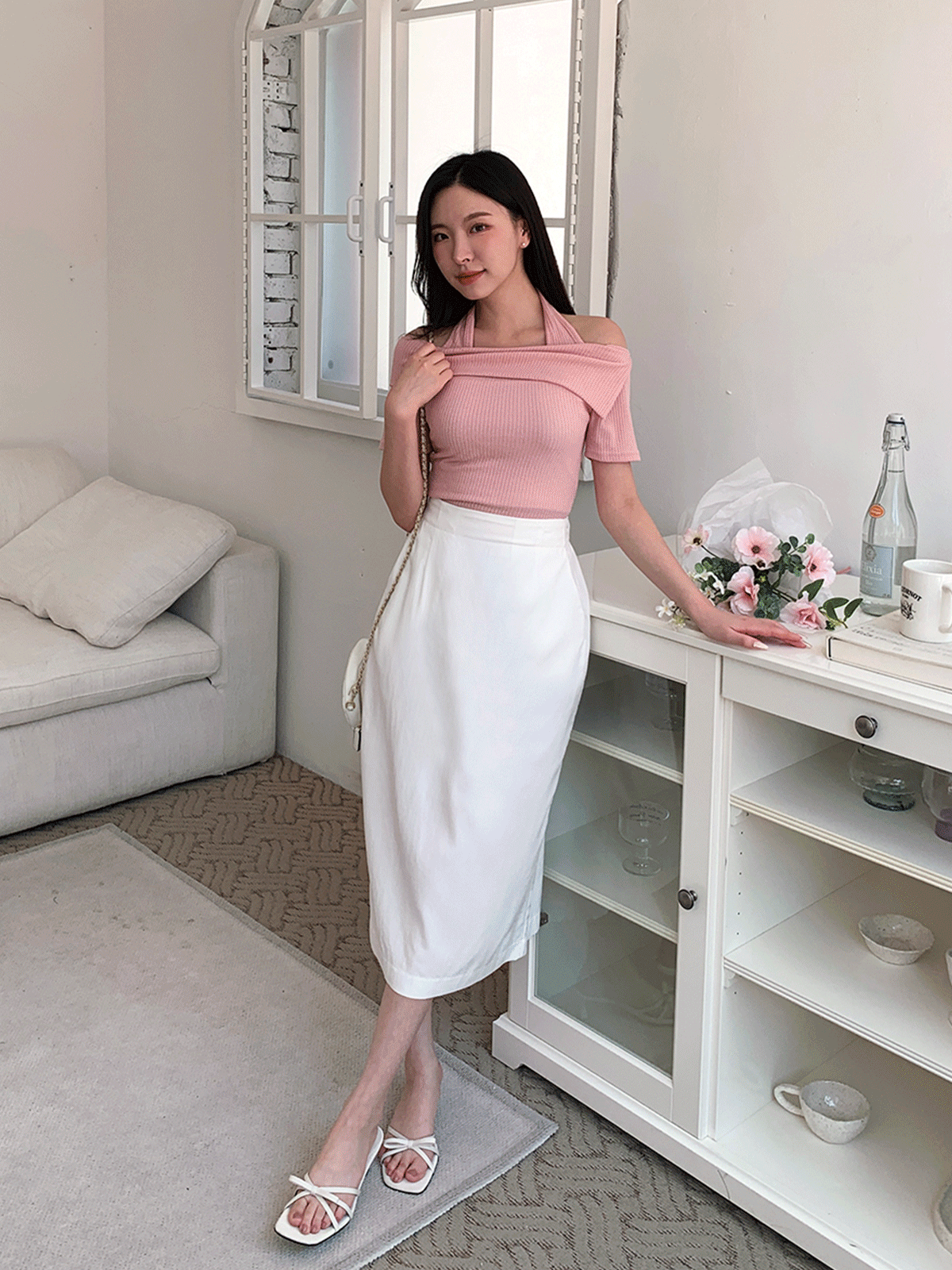 T12805K35-호리우 골지 홀터넥 오프숄더 반팔티