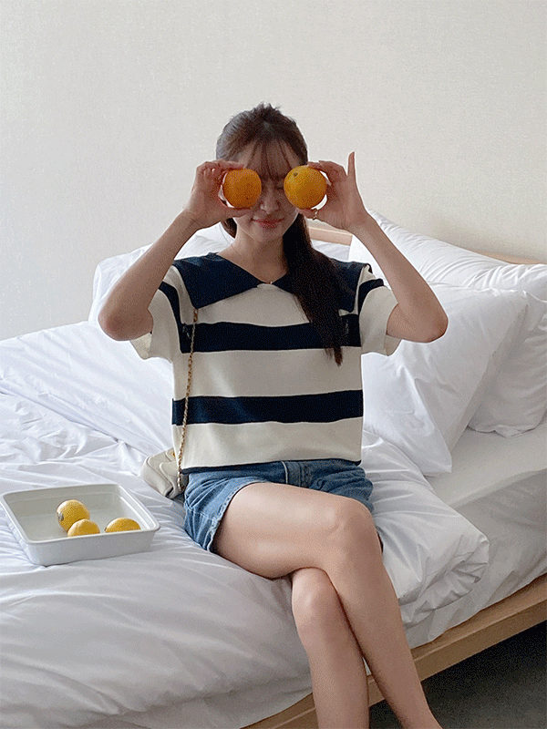 NT4639K36-네비테 브이넥 단가라 반팔 니트