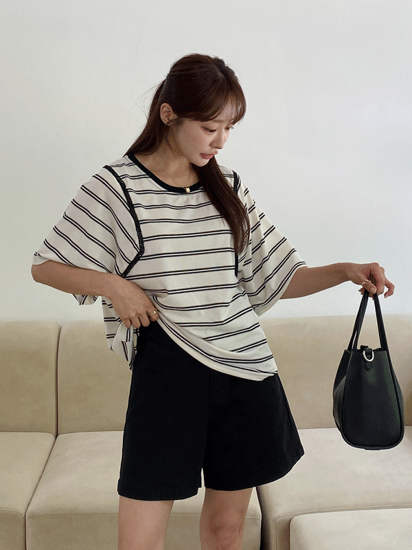 T12977K36-호야디 라운드넥 단가라 배색 반팔 티셔츠