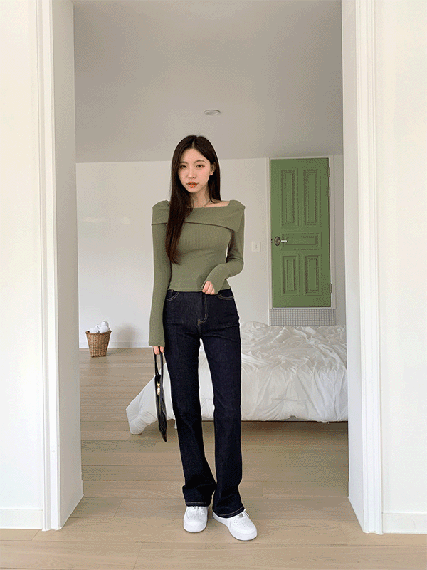 T13248K37-다느탄 골지 베이직 오프숄더 긴팔 티