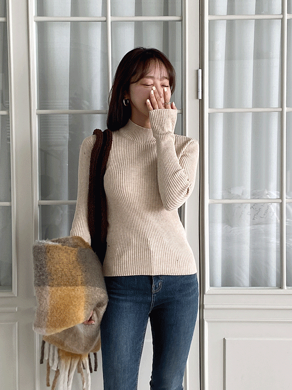 T14133K3B-쏘텐른 골지 반폴라 베이직 티